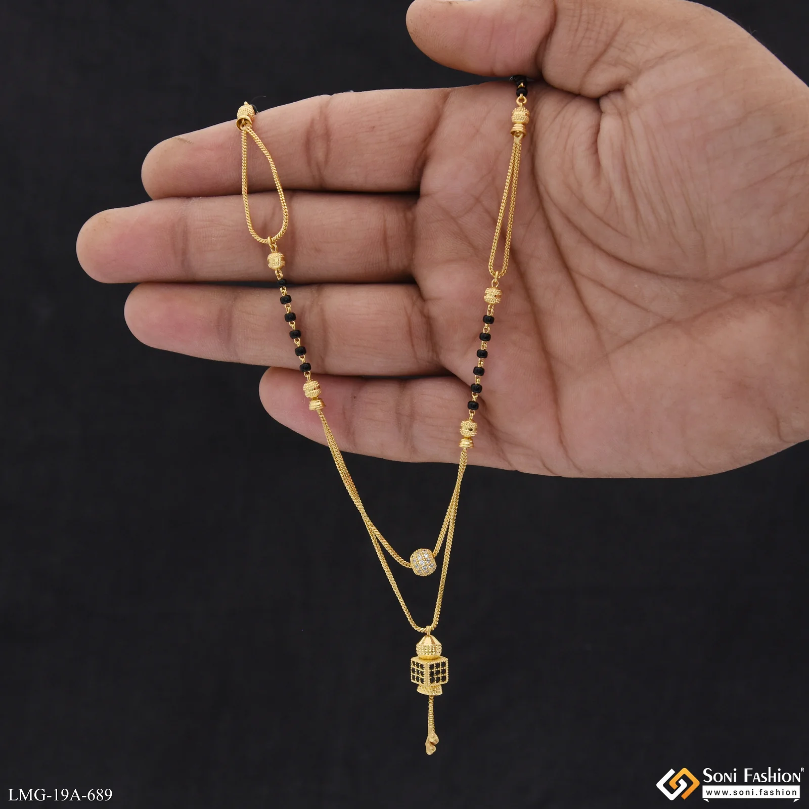 1 Gram Gold Plated Square Cube With Black Diamond Mangalsutra - Style A689 - Image 2