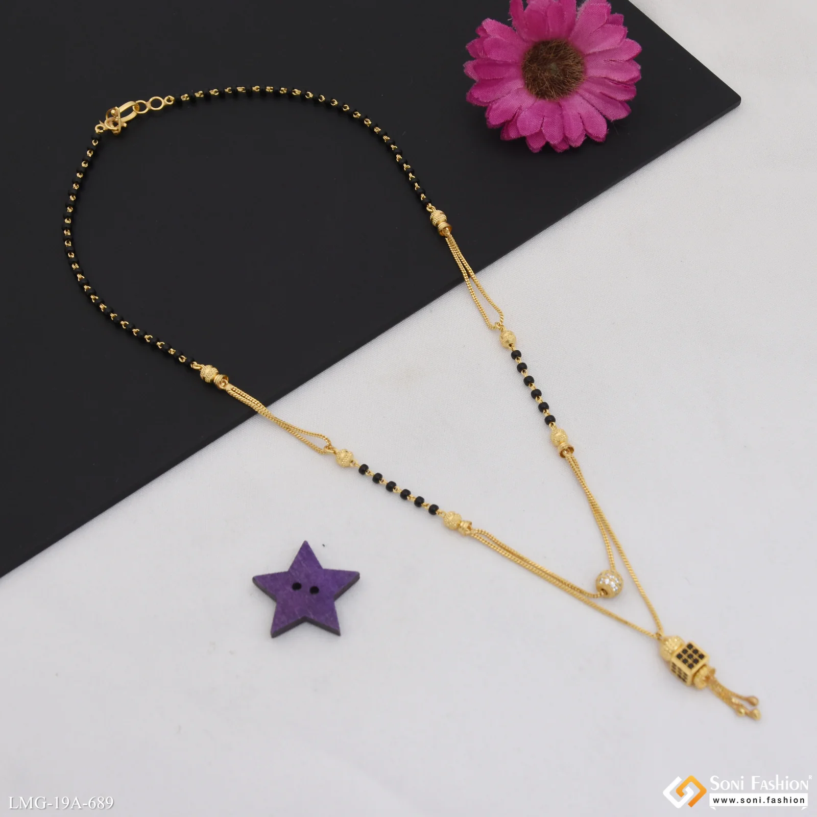 1 Gram Gold Plated Square Cube With Black Diamond Mangalsutra - Style A689 - Image 4