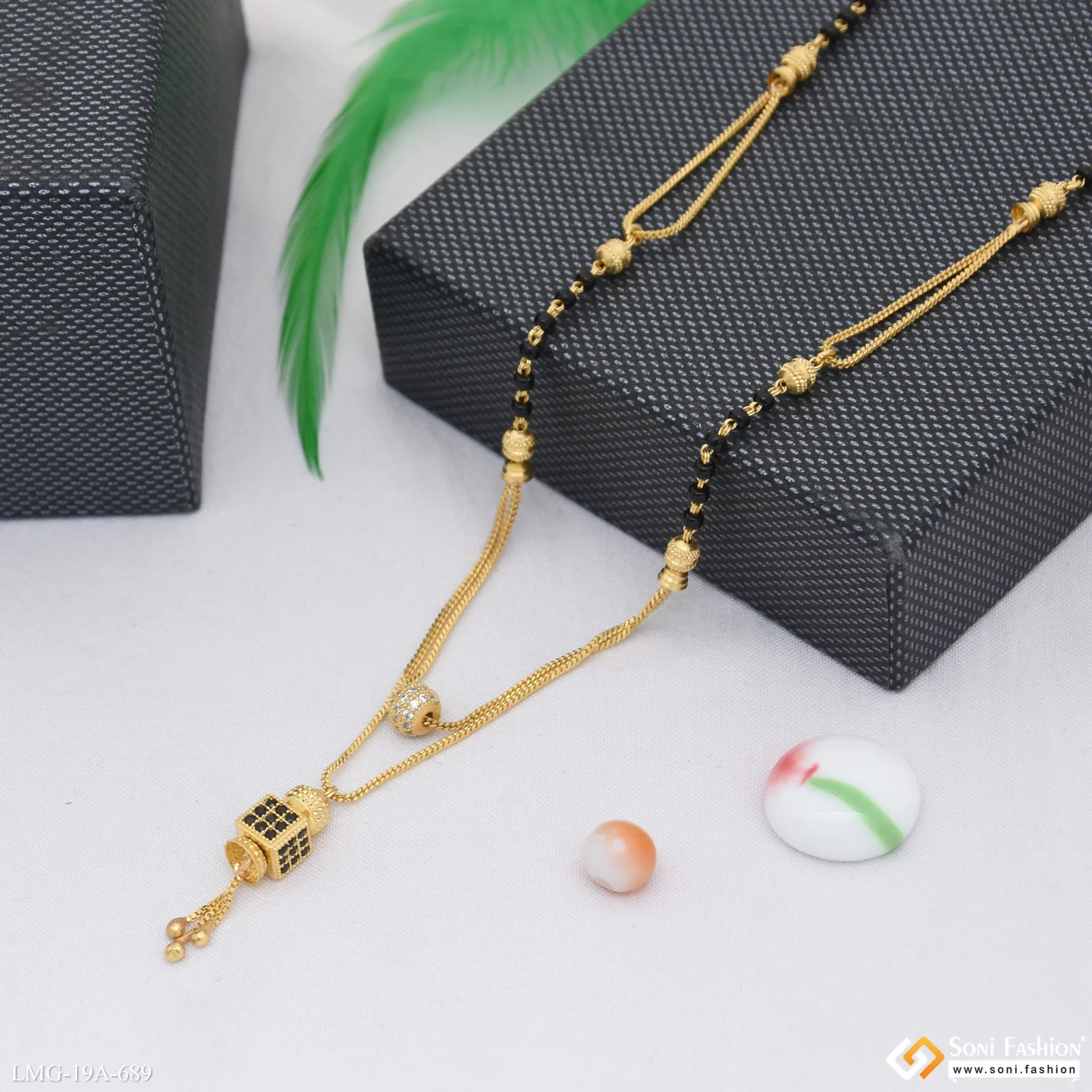 1 Gram Gold Plated Square Cube With Black Diamond Mangalsutra - Style A689 - Image 5