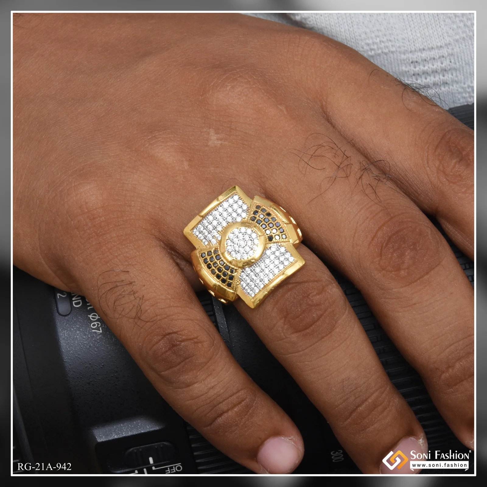 1 Gram Gold Plated Square with Diamond Artisanal Design Ring for Men - Style A942