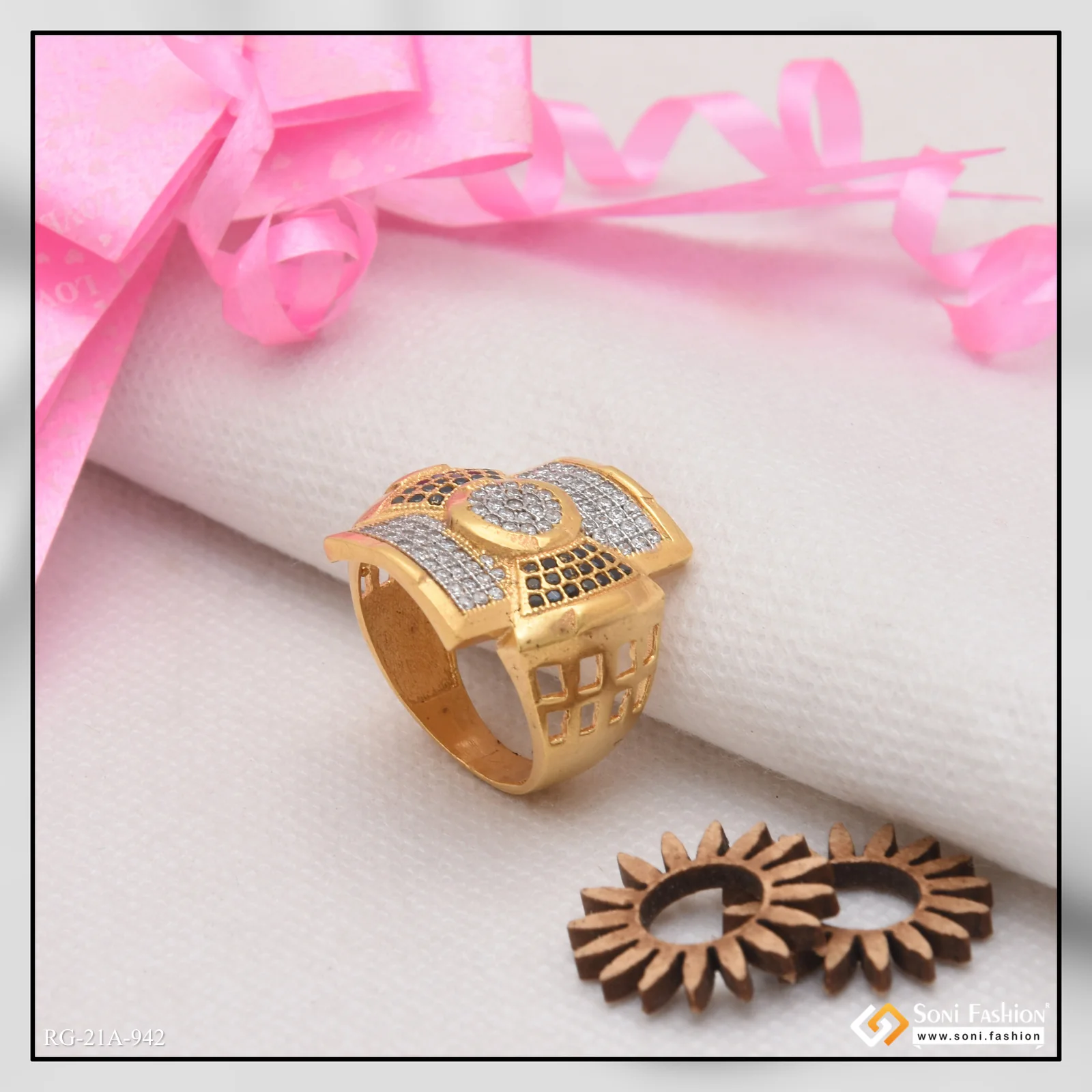 1 Gram Gold Plated Square with Diamond Artisanal Design Ring for Men - Style A942 - Image 4
