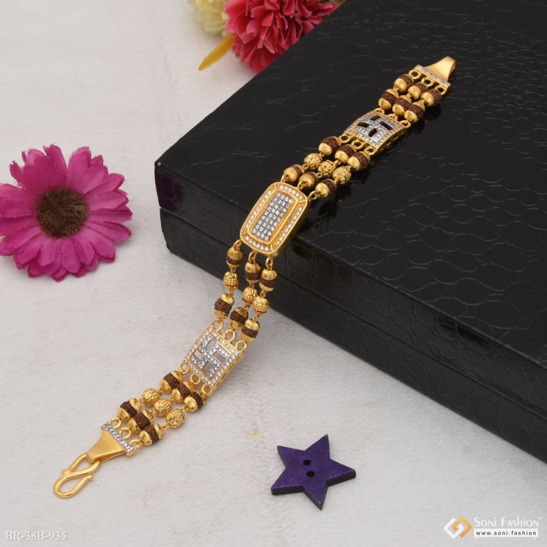1 Gram Gold Plated Square with Diamond Finely Detailed Design Bracelet - Style B935 - Image 3