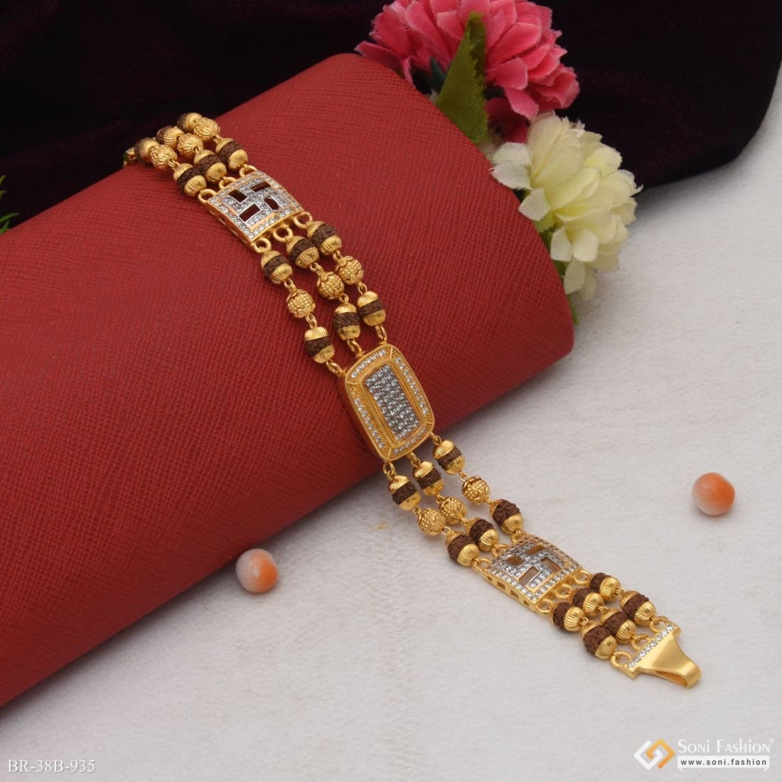 1 Gram Gold Plated Square with Diamond Finely Detailed Design Bracelet - Style B935 - Image 4