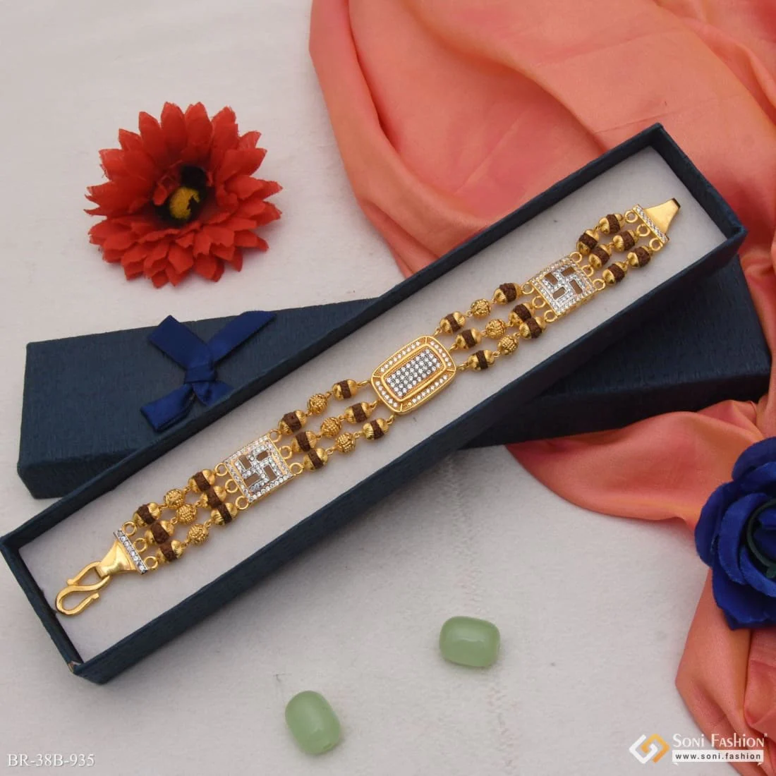 1 Gram Gold Plated Square with Diamond Finely Detailed Design Bracelet - Style B935 - Image 5