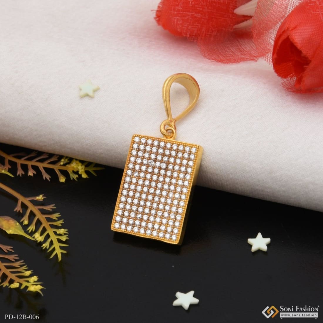 1 Gram Gold Plated Square with Diamond Finely Detailed Design Pendant - Style B006 - Image 5