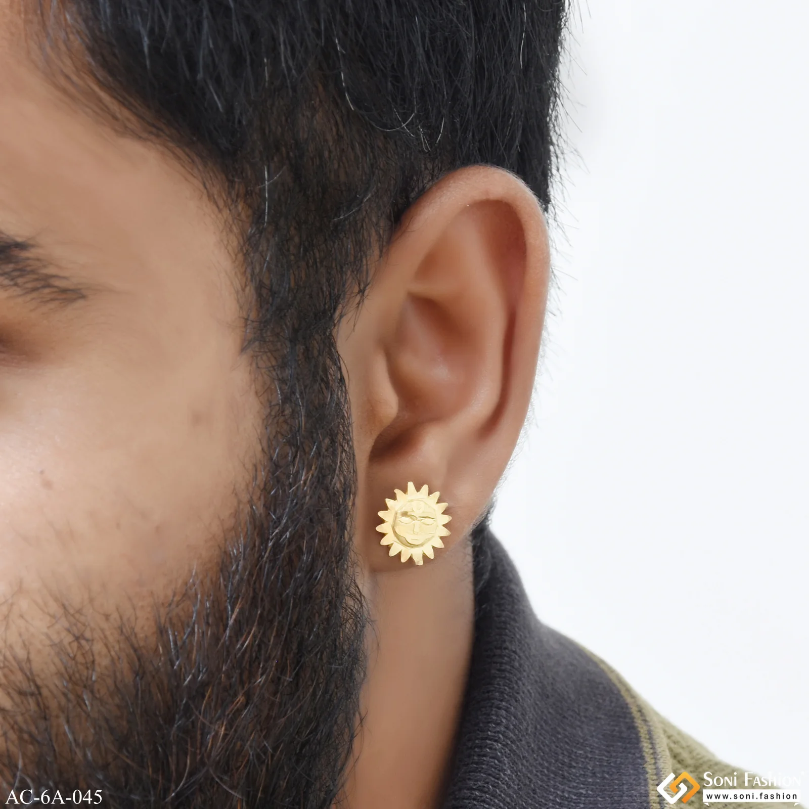 1 Gram Gold Plated Sun Antique Design Stud Earring for Men (1 Pc) - Style A045 - Image 5