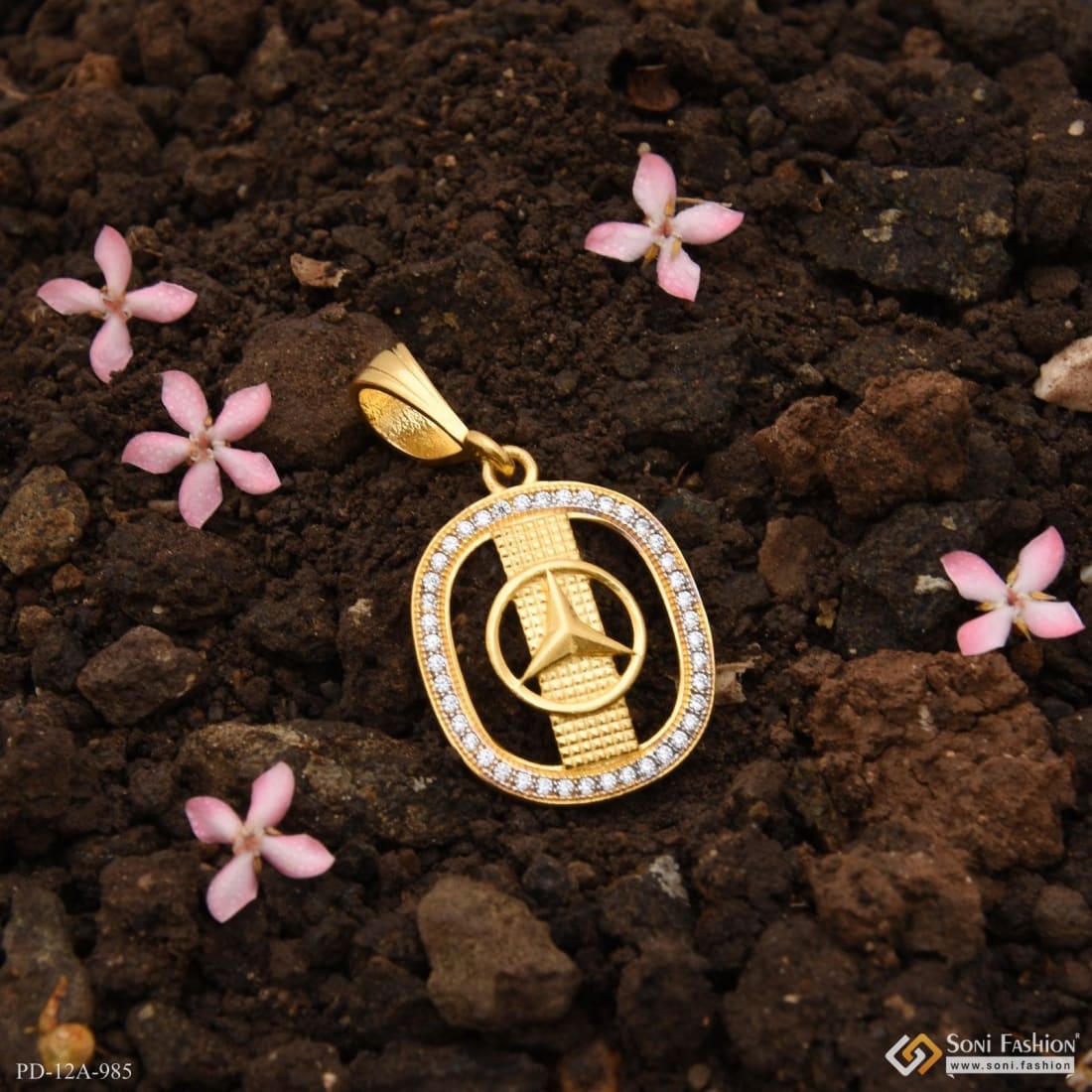 1 Gram Gold Plated Triangle With Diamond Artisanal Design Pendant - Style A985 - Image 6