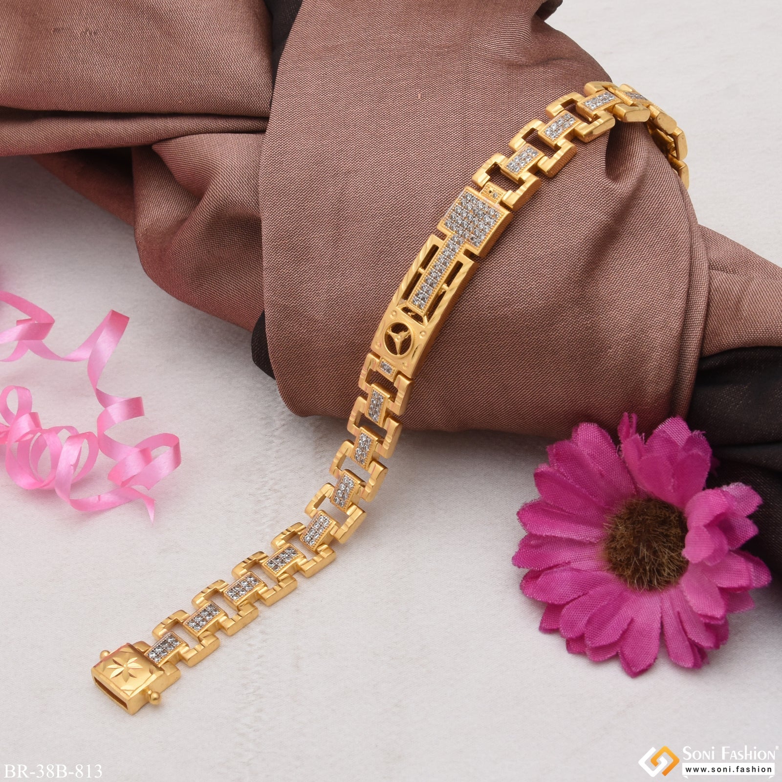 1 Gram Gold Plated Triangle With Diamond Gold Plated Bracelet - Style B813 - Image 4