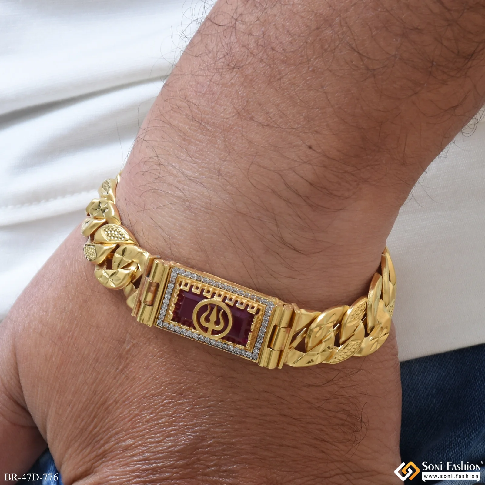 1 Gram Gold Plated Trishul On Red Stone Pokal Bracelet For Men - Style D776