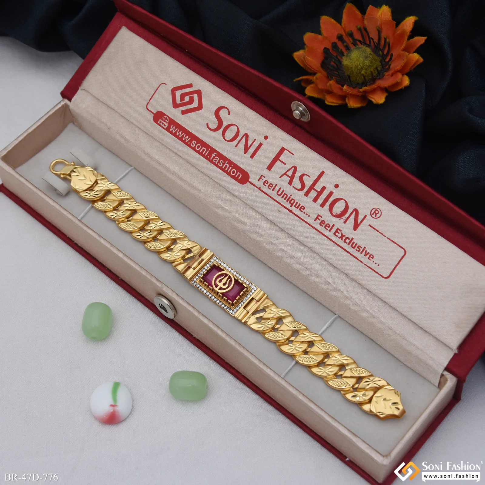 1 Gram Gold Plated Trishul On Red Stone Pokal Bracelet For Men - Style D776 - Image 2
