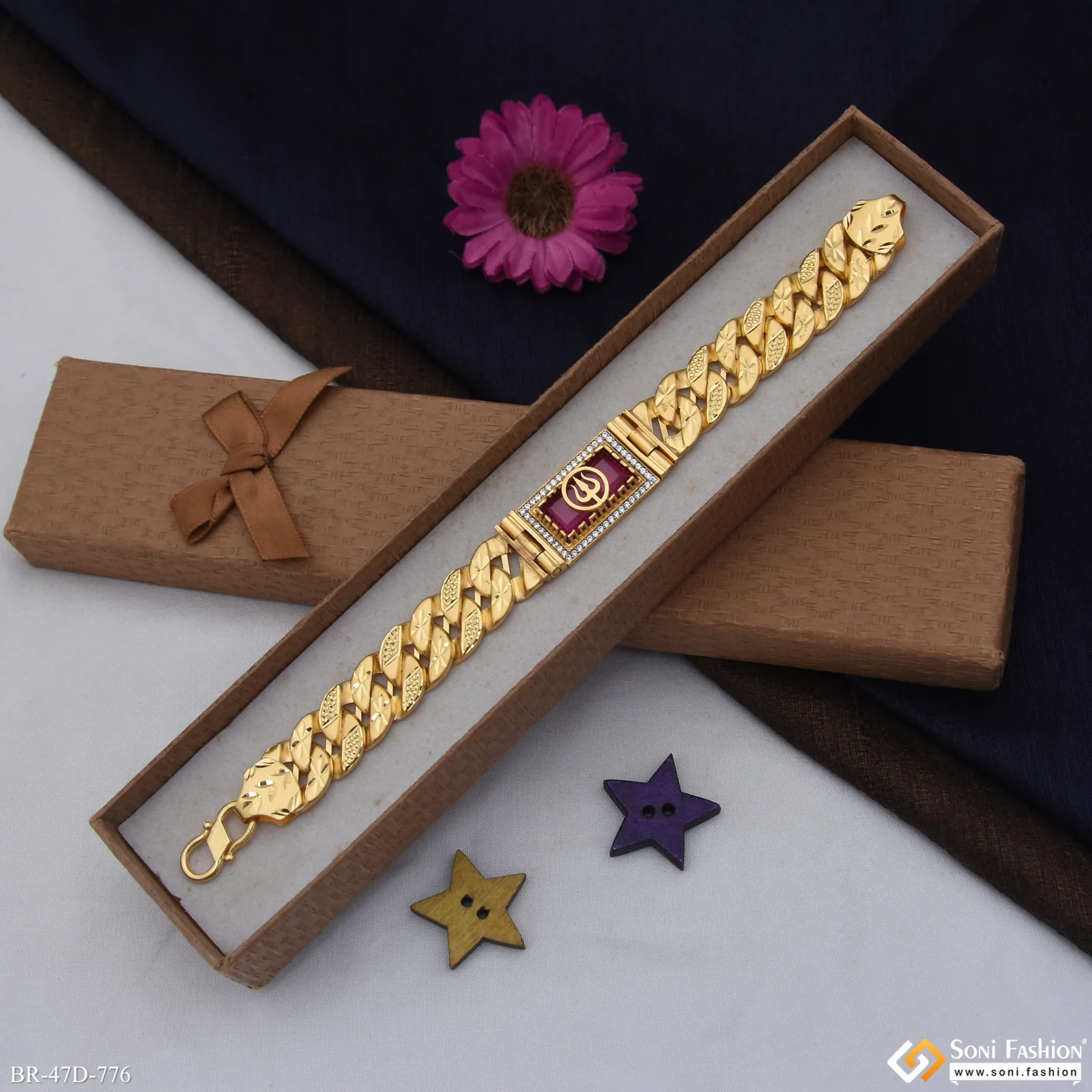 1 Gram Gold Plated Trishul On Red Stone Pokal Bracelet For Men - Style D776 - Image 3
