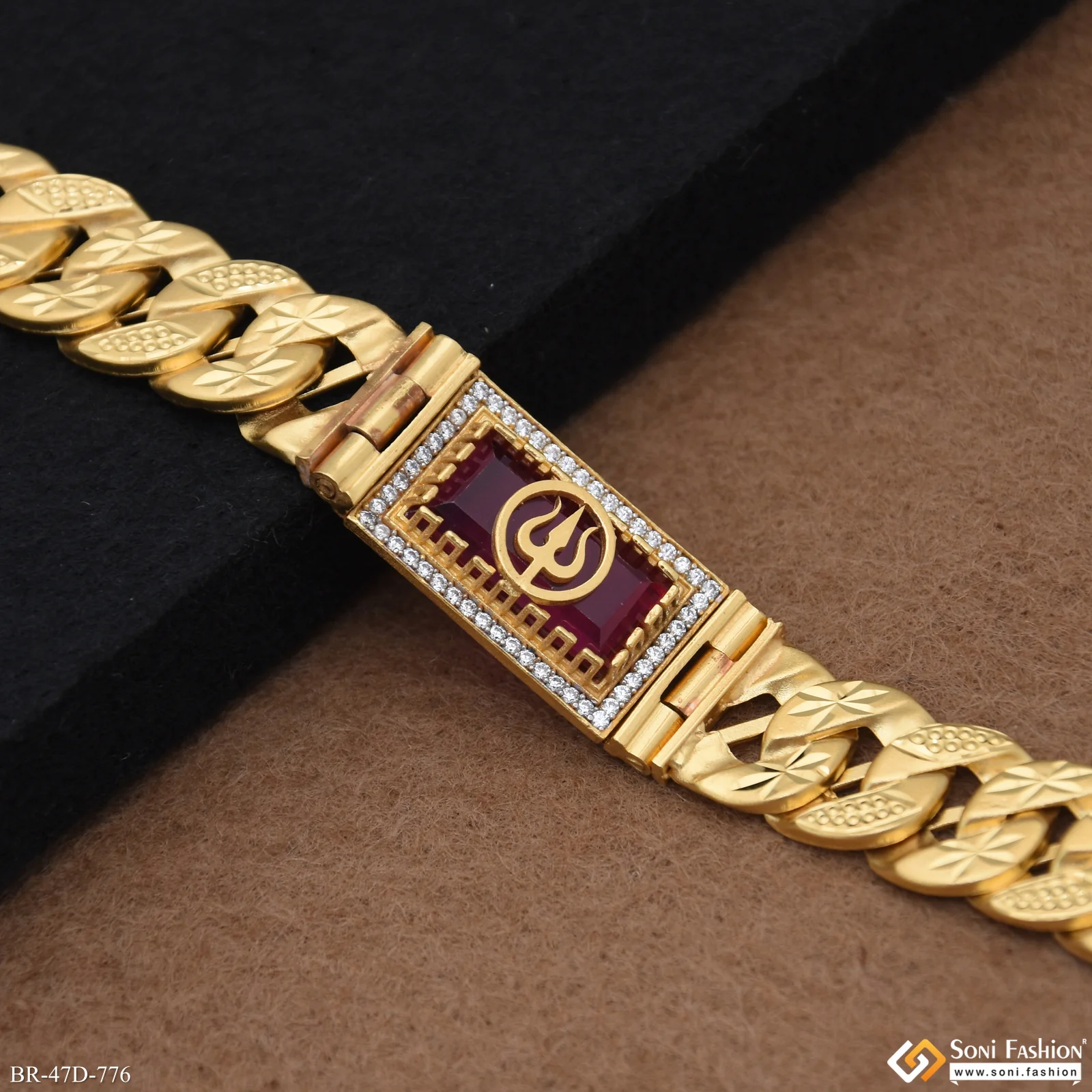 1 Gram Gold Plated Trishul On Red Stone Pokal Bracelet For Men - Style D776 - Image 5