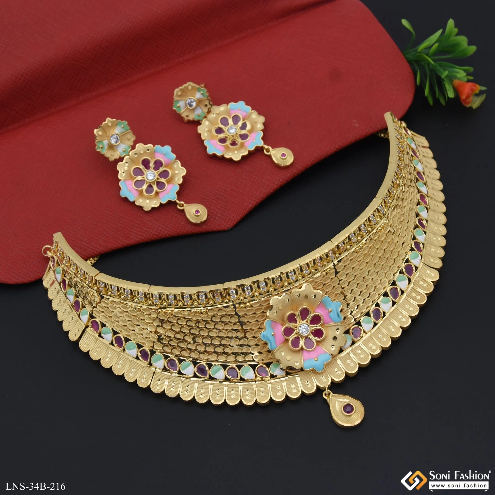 1 Gram Gold Plated Unique Design Choker Necklace Set for Women - Style B216 - Image 3
