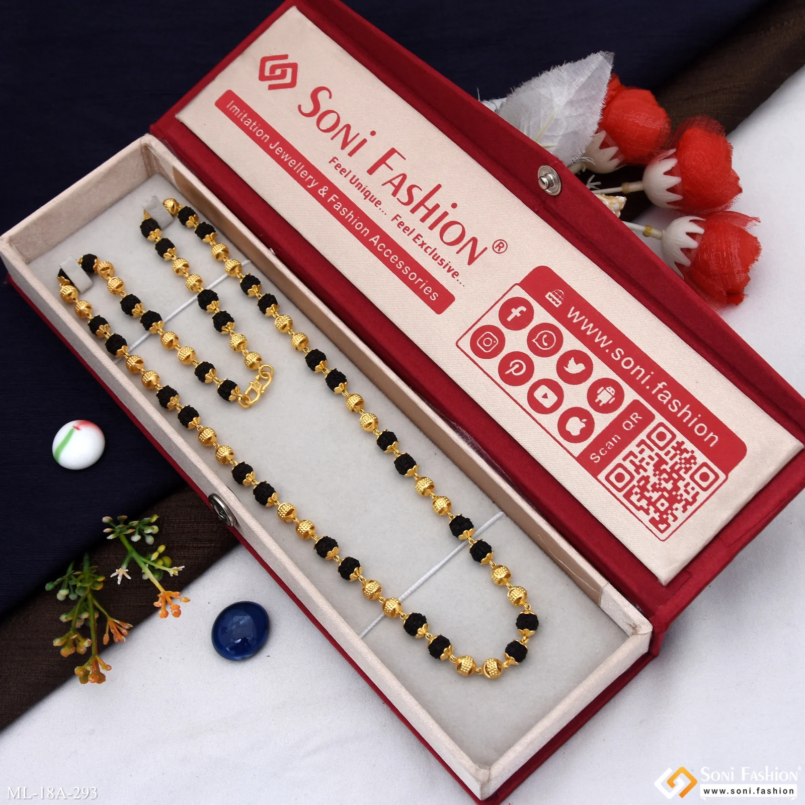 1 Gram Gold Plated Unique Design Rudraksha Mala for Men - Style A293 - Image 2