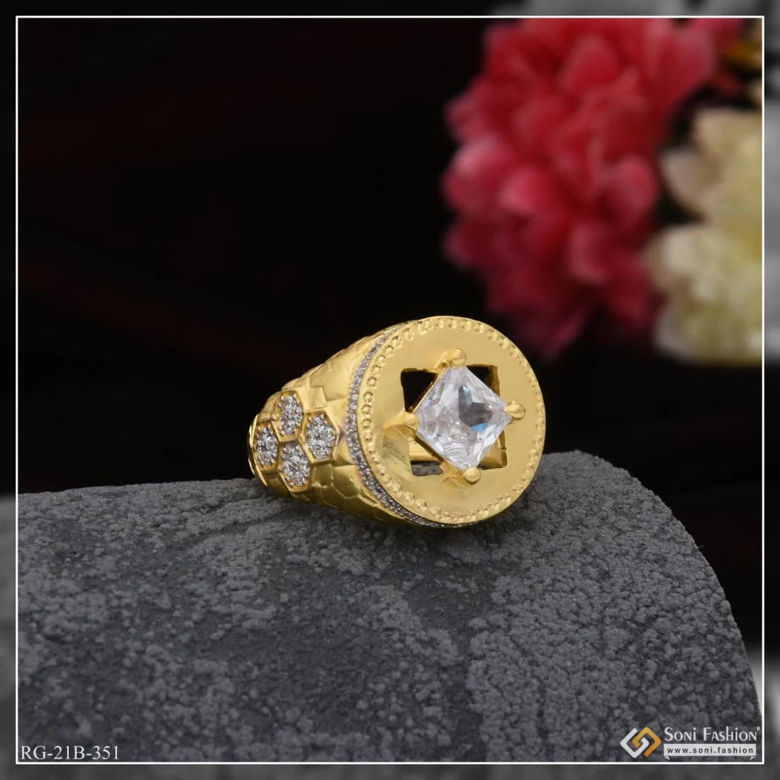 1 Gram Gold Plated White Stone With Diamond Antique Design Ring For Men - Style B351 - Image 2