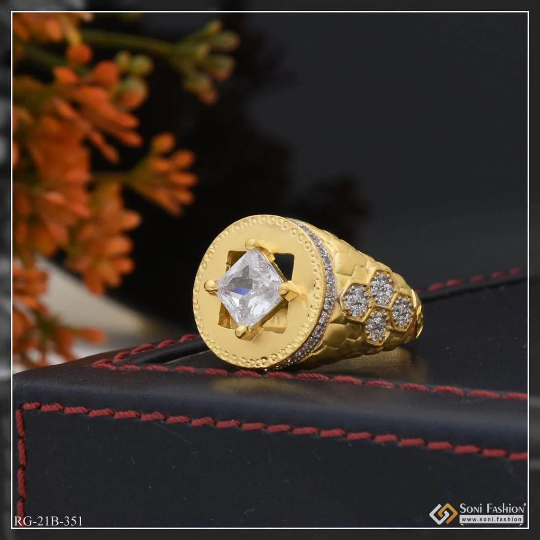1 Gram Gold Plated White Stone With Diamond Antique Design Ring For Men - Style B351 - Image 4