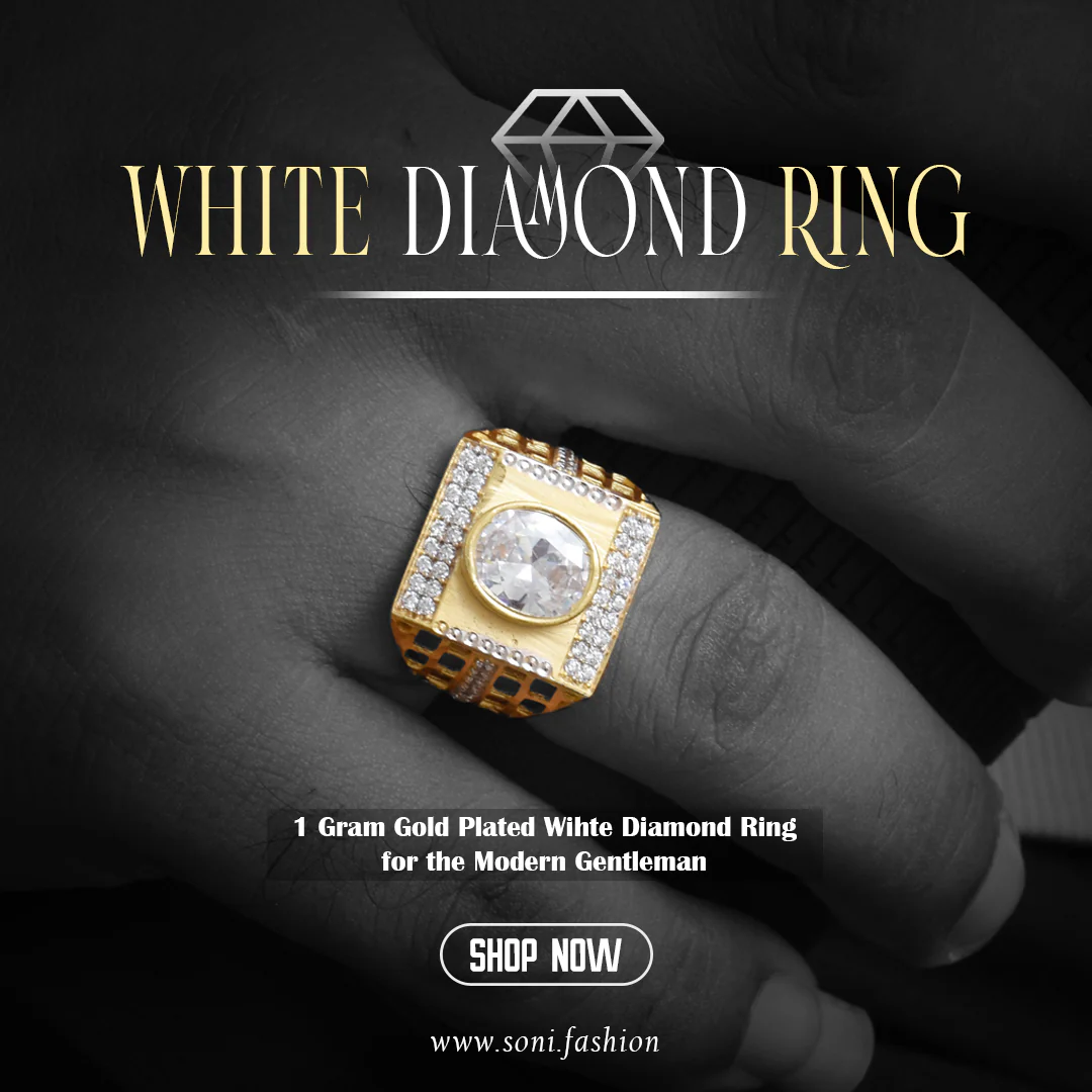 1 Gram Gold Plated Wihte With Diamond Glamorous Design Ring For Men - Style B379