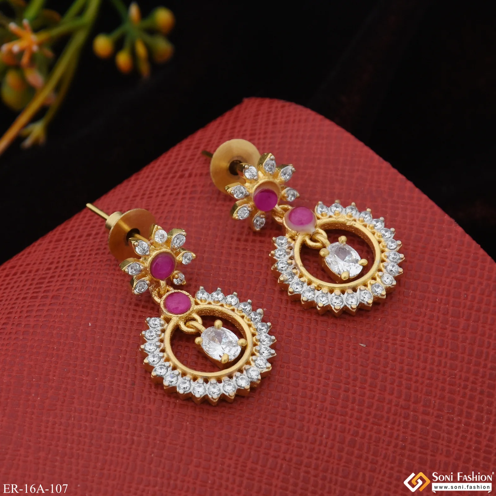 1 Gram Gold Plated with Diamond Best Quality Earrings for Ladies - Style A107 - Image 3
