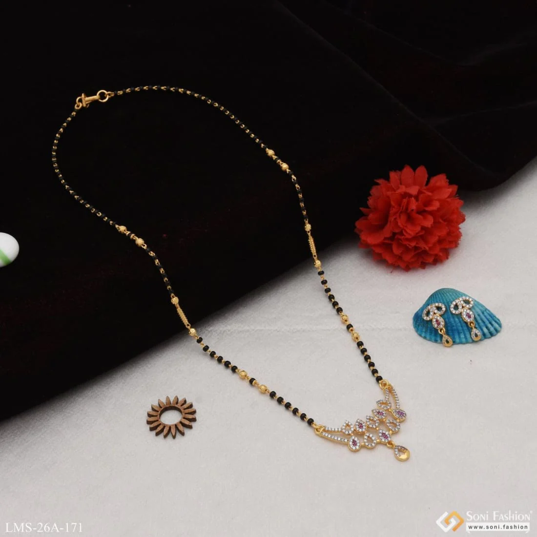 1 Gram Gold Plated With Diamond Designer Mangalsutra Set For Women - Style A171