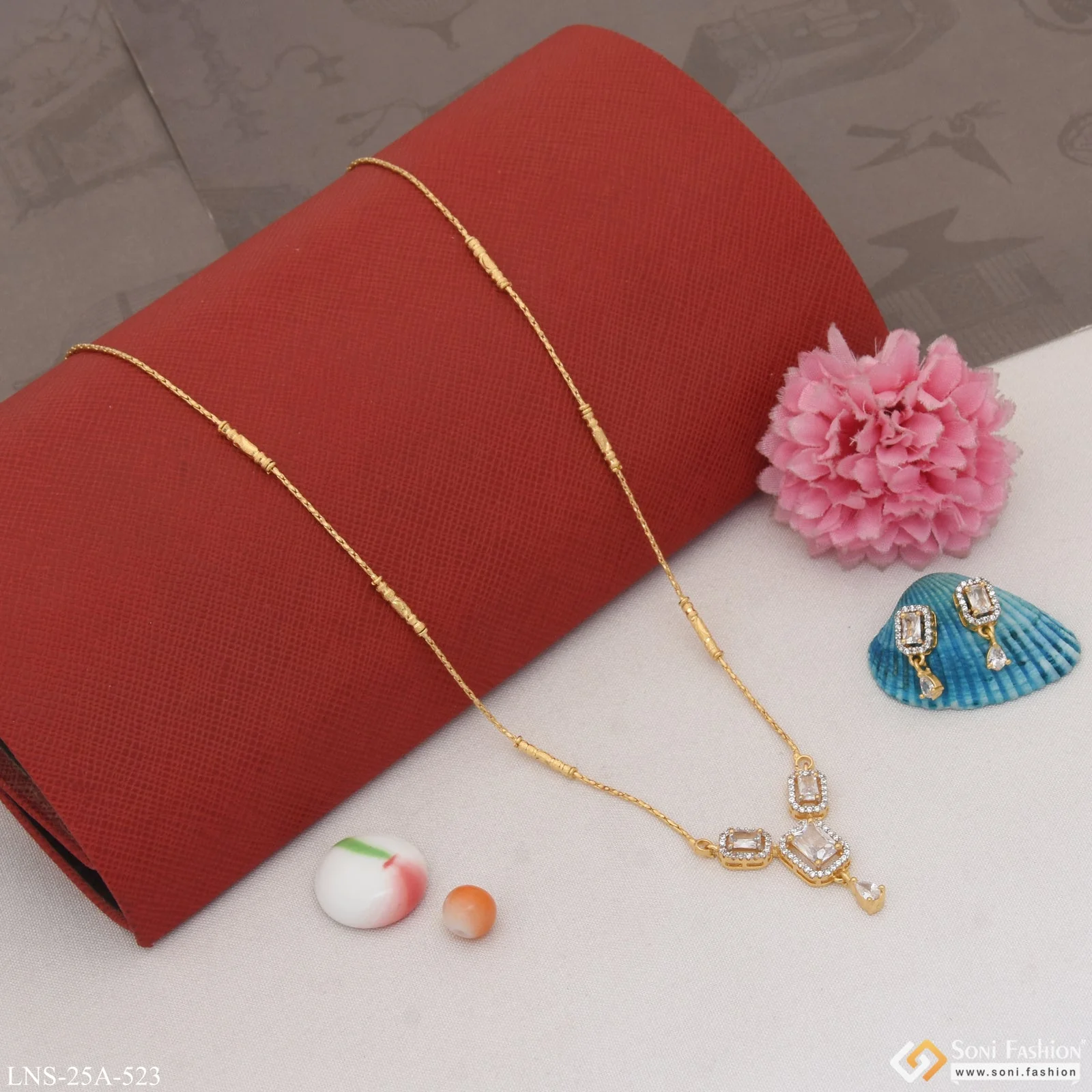 1 Gram Gold Plated with Diamond Fancy Design Necklace Set for Lady - Style A523 - Image 5
