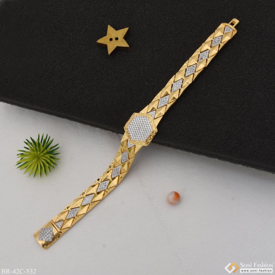 1 Gram Gold Plated with Diamond Fashionable Design Bracelet for Men - Style C532 - Image 3