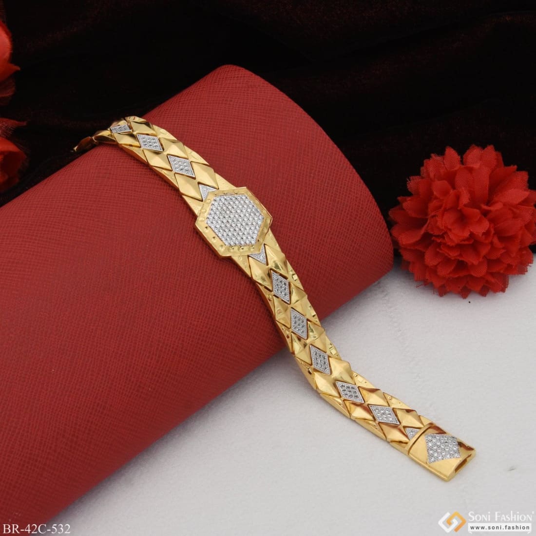 1 Gram Gold Plated with Diamond Fashionable Design Bracelet for Men - Style C532 - Image 4