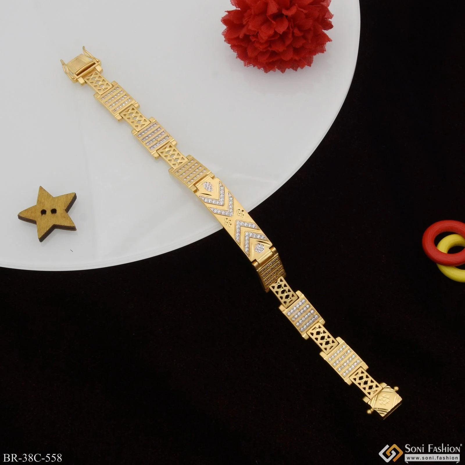 1 Gram Gold Plated with Diamond Fashionable Design Bracelet for Men - Style C558 - Image 2