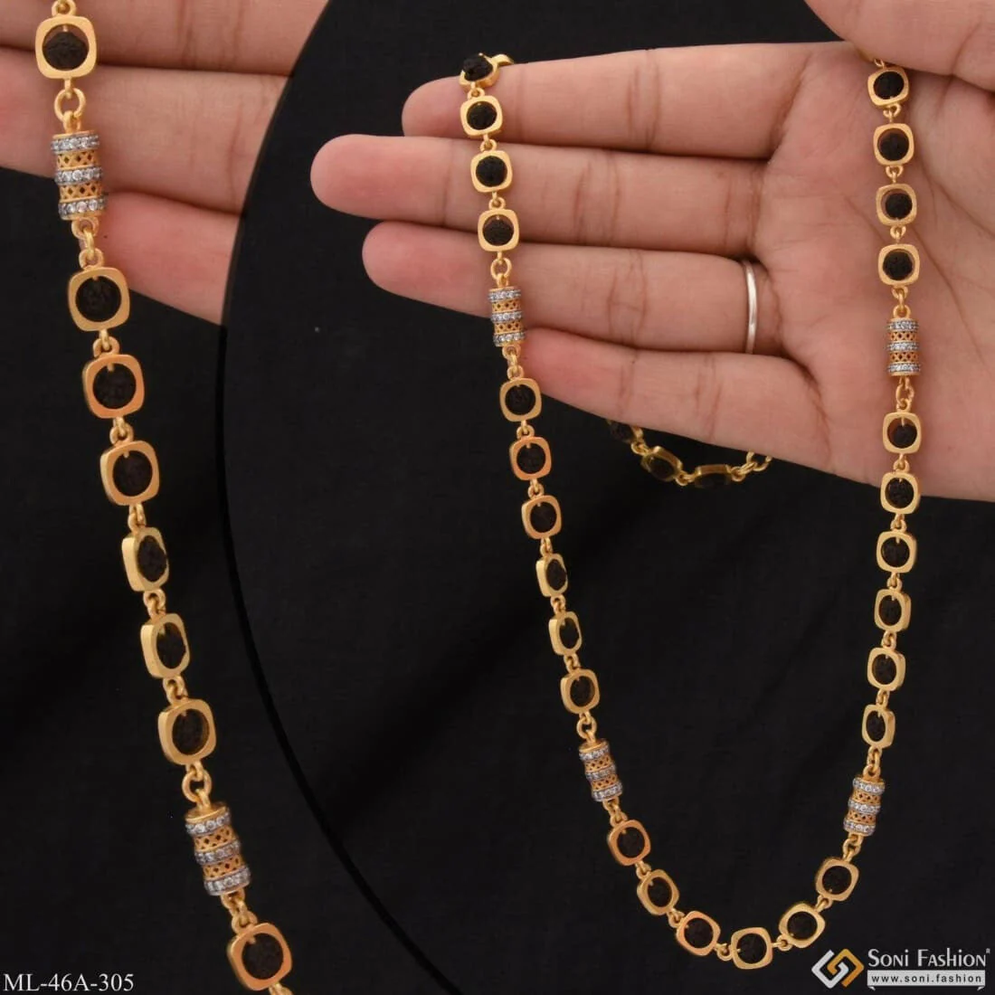 1 Gram Gold Plated with Diamond Glittering Design Rudraksha Mala for Men - Style A305 - Image 2