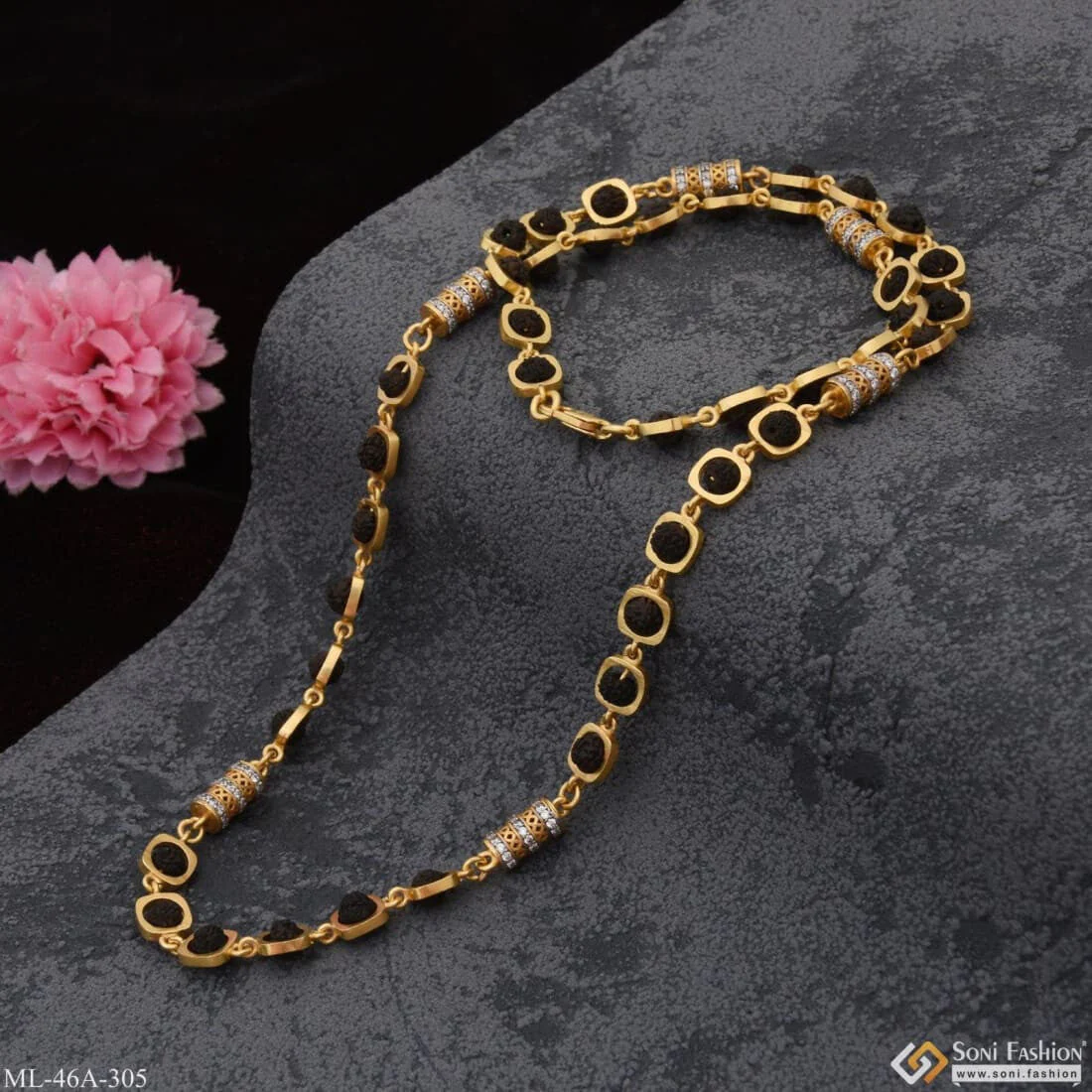 1 Gram Gold Plated with Diamond Glittering Design Rudraksha Mala for Men - Style A305 - Image 7