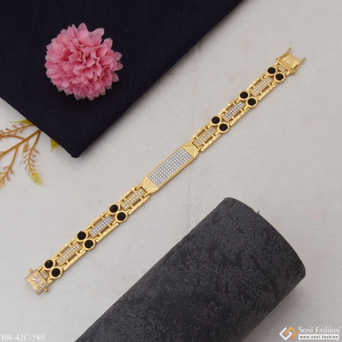 1 Gram Gold Plated with Diamond Latest Rudraksha Bracelet for Men - Style C580 - Image 3