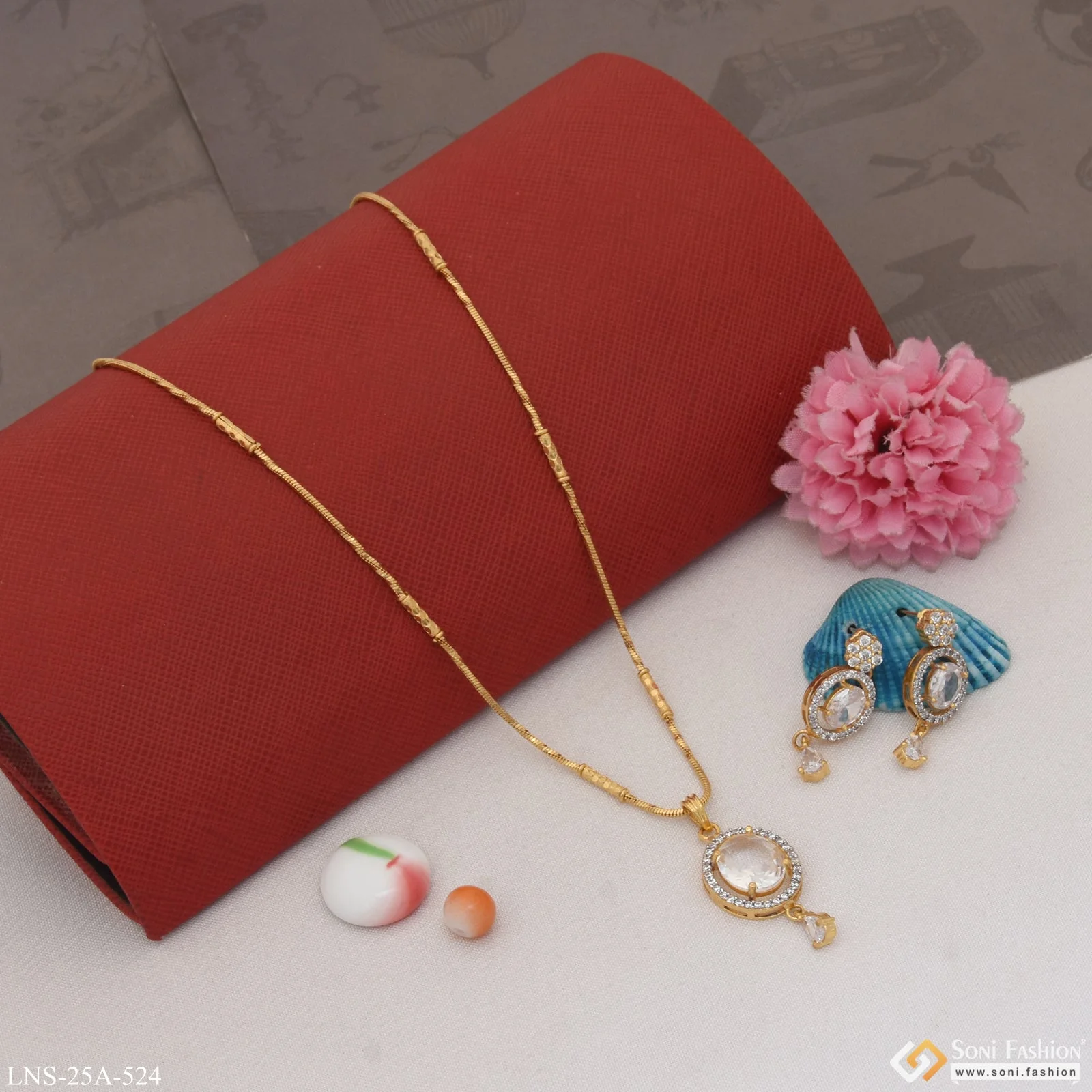 1 Gram Gold Plated with Diamond New Style Necklace Set for Ladies - Style A524 - Image 4