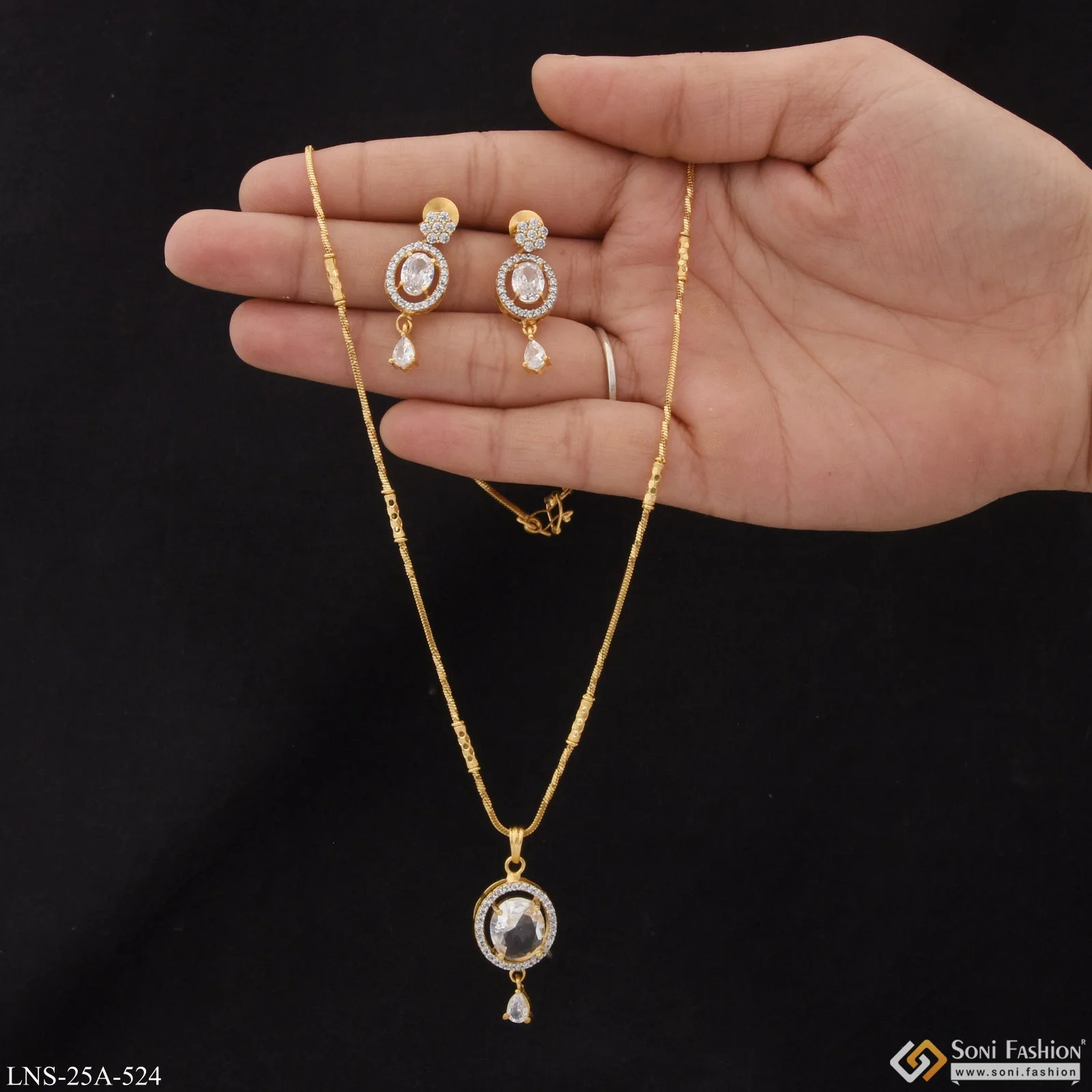 1 Gram Gold Plated with Diamond New Style Necklace Set for Ladies - Style A524 - Image 5