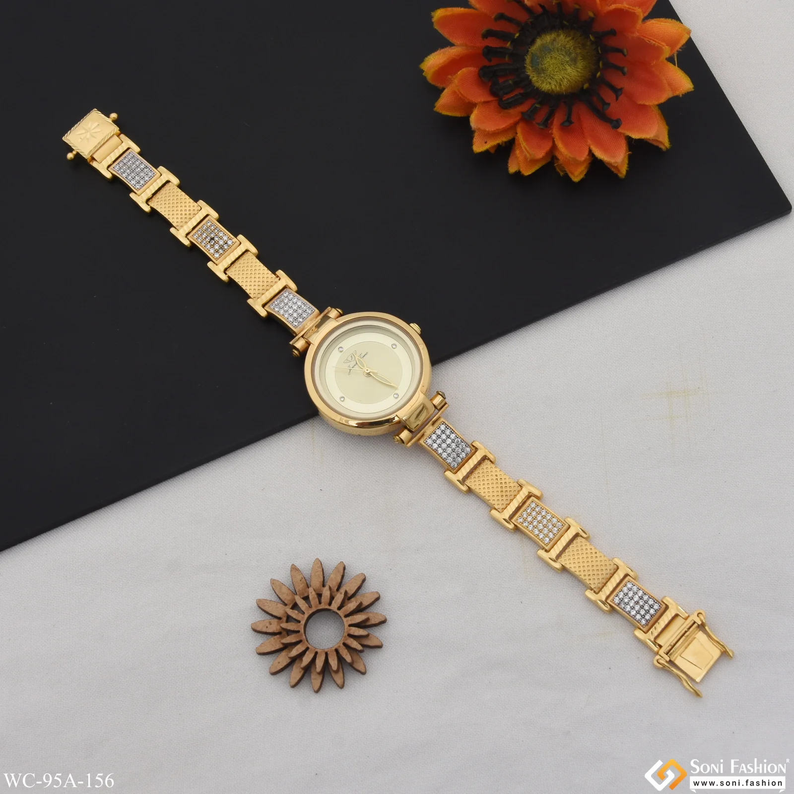 1 Gram Gold Plated with Diamond Stunning Design Watch for Ladies - Style A156 - Image 4
