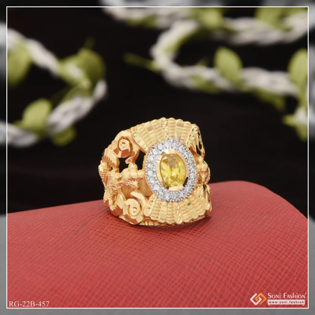 1 Gram Gold Plated Yellow Stone with Diamond Best Quality Ring for Men - Style B457 - Image 4