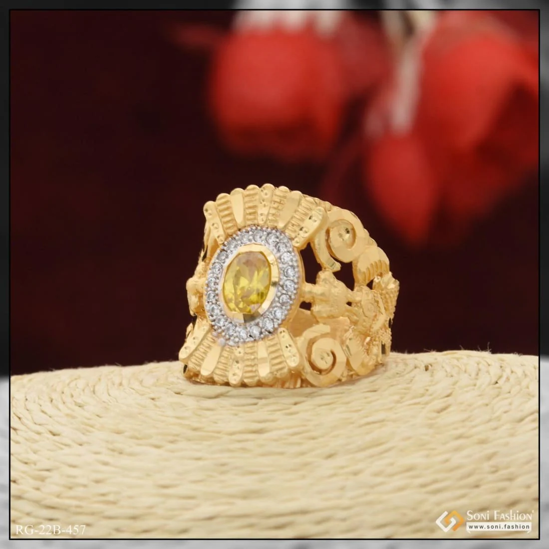 1 Gram Gold Plated Yellow Stone with Diamond Best Quality Ring for Men - Style B457 - Image 5