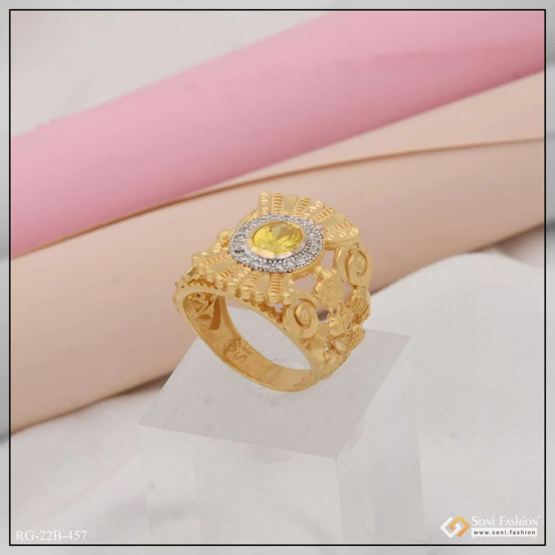 1 Gram Gold Plated Yellow Stone with Diamond Best Quality Ring for Men - Style B457 - Image 6
