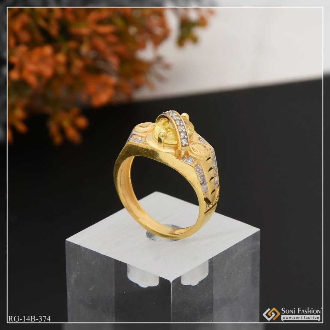 1 Gram Gold Plated Yellow Stone with Diamond Funky Design Ring for Men - Style B374 - Image 3