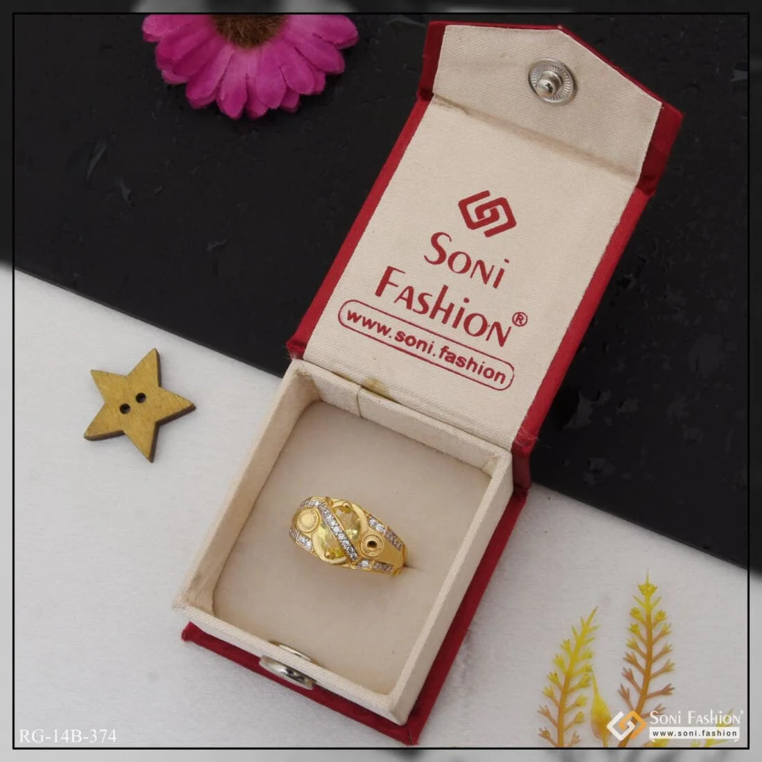 1 Gram Gold Plated Yellow Stone with Diamond Funky Design Ring for Men - Style B374 - Image 4