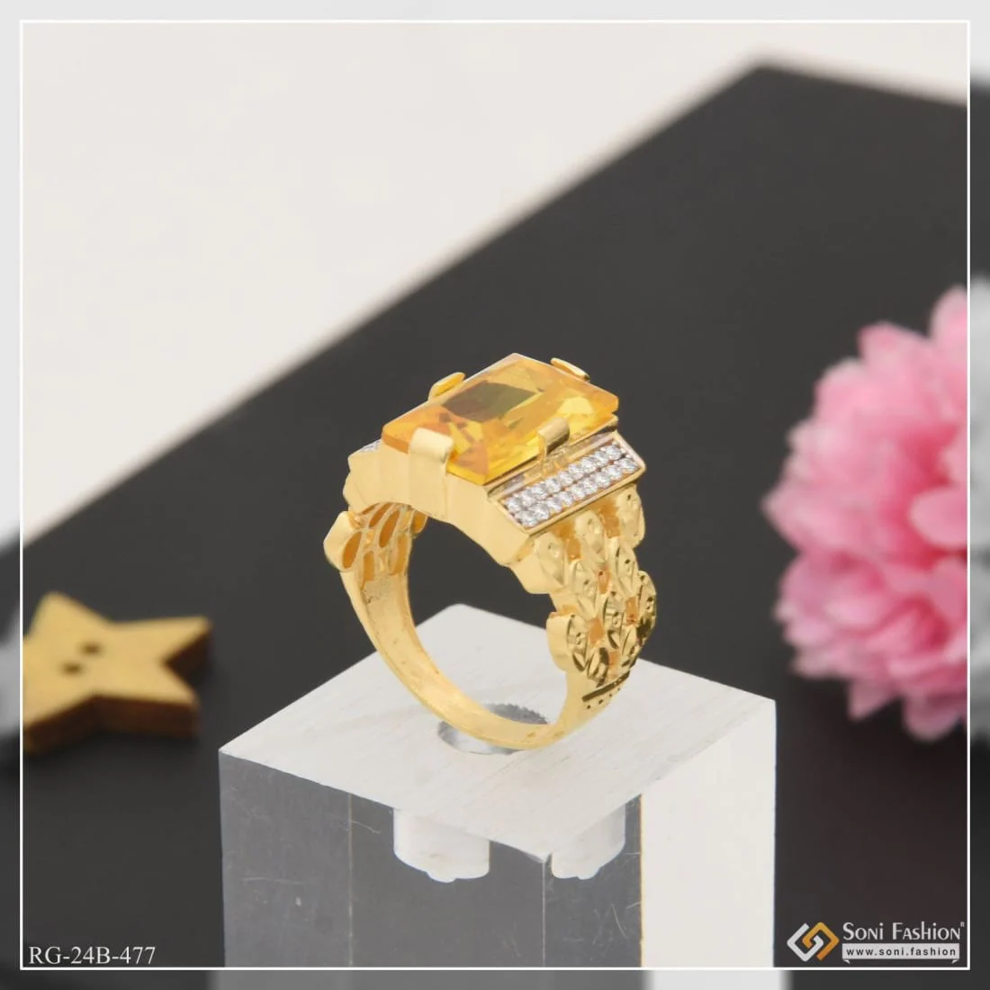 1 Gram Gold Plated Yellow Stone Etched Design High-quality Ring For Men - Style B477 - Image 4