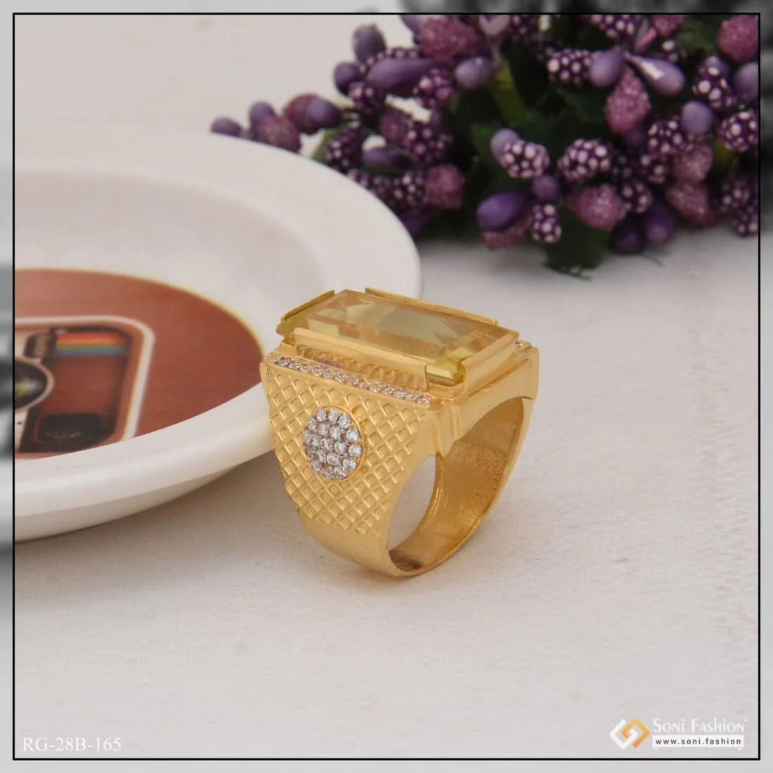 1 Gram Gold Plated Yellow Stone Finely Detailed Design Ring For Men - Style B165 - Image 5