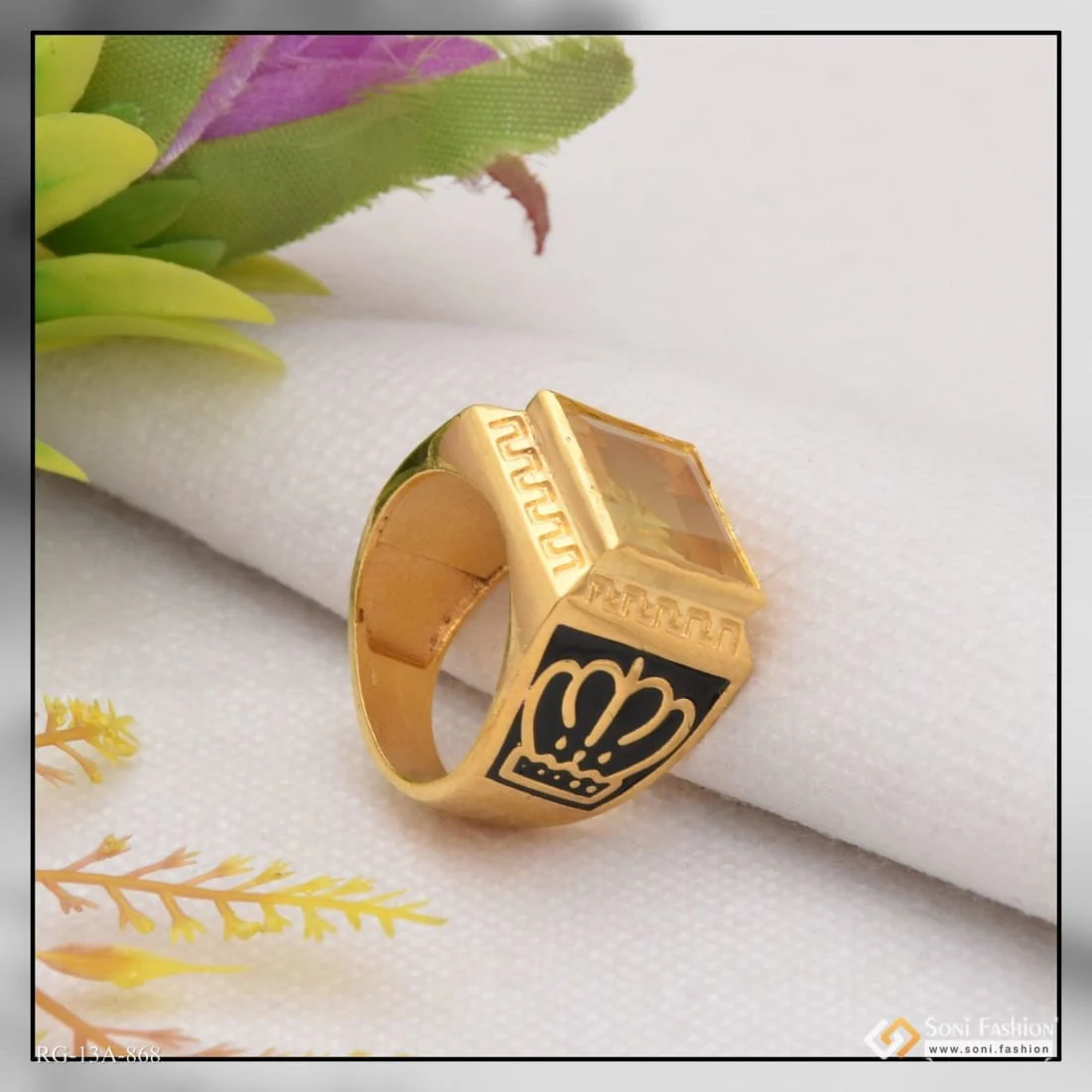 1 Gram Gold Plated Yellow Stone with Diamond Antique Design Ring for Men - Style A868 - Image 2