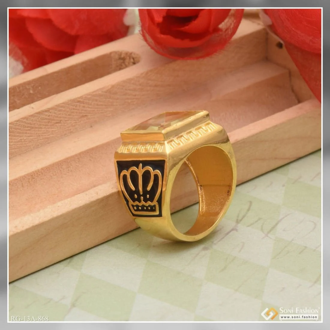 1 Gram Gold Plated Yellow Stone with Diamond Antique Design Ring for Men - Style A868 - Image 4