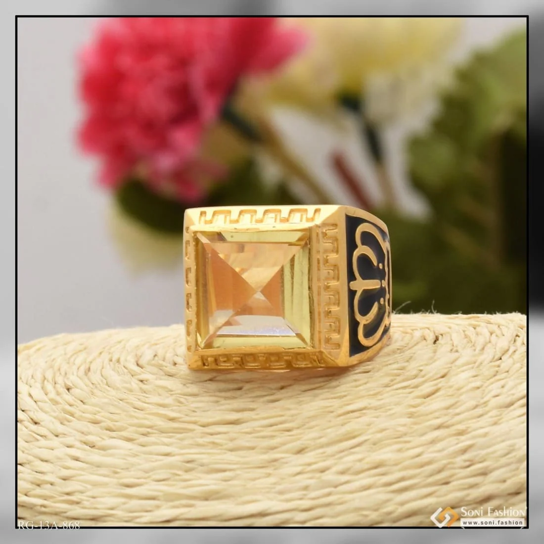 1 Gram Gold Plated Yellow Stone with Diamond Antique Design Ring for Men - Style A868 - Image 5