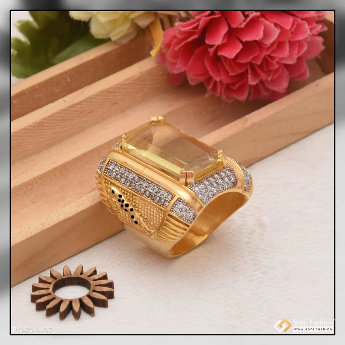 1 Gram Gold Plated Yellow Stone with Diamond Artisanal Design Ring - Style A927 - Image 3