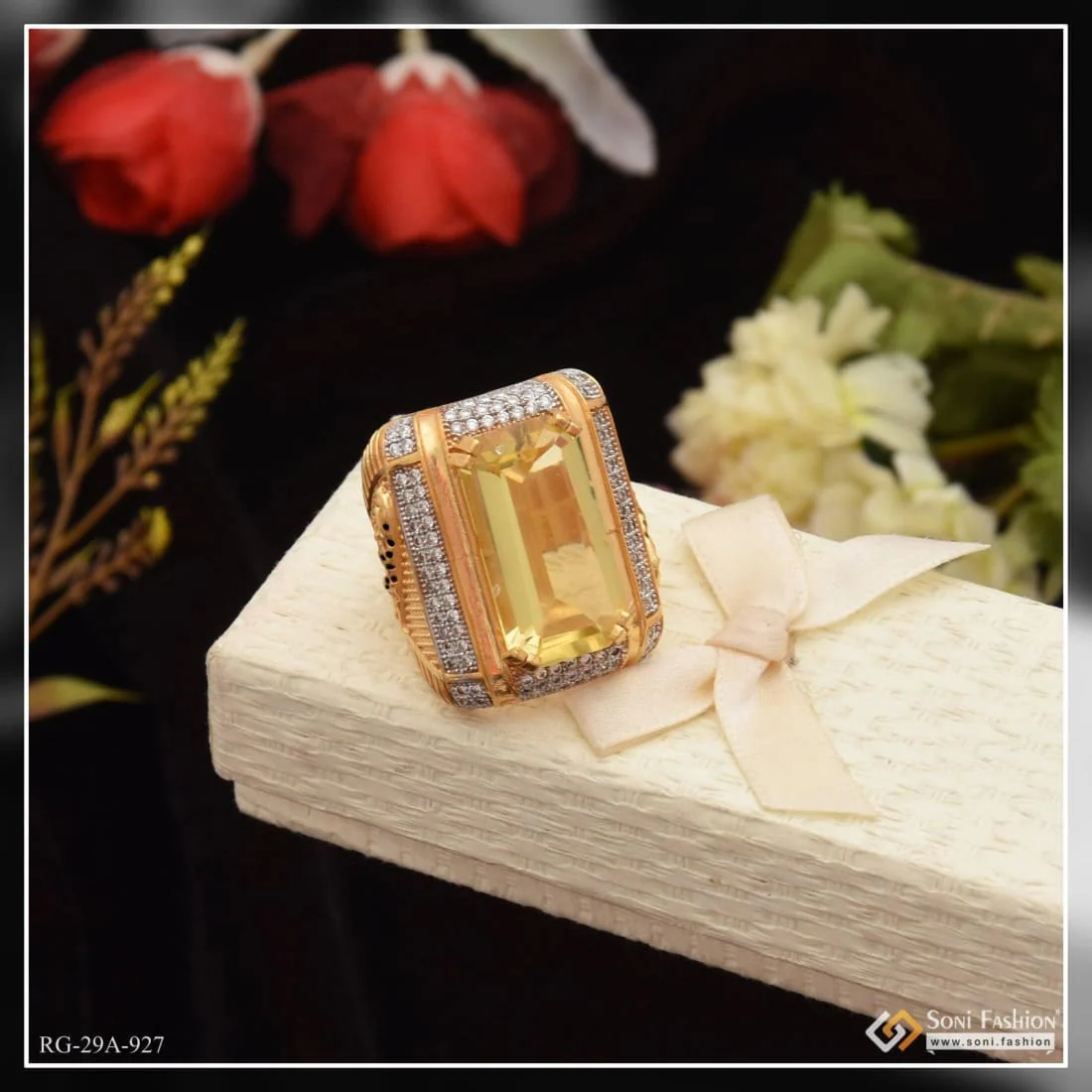 1 Gram Gold Plated Yellow Stone with Diamond Artisanal Design Ring - Style A927 - Image 4