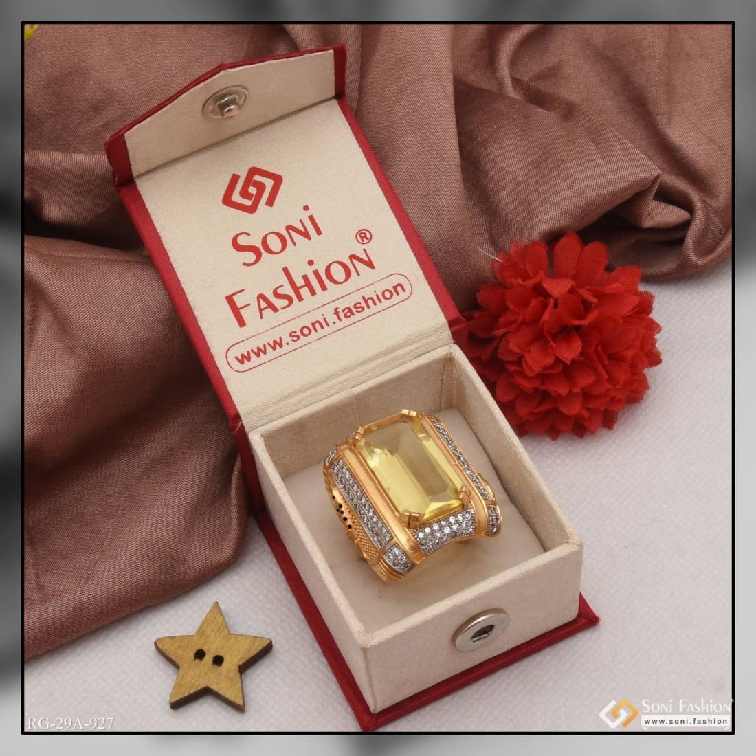 1 Gram Gold Plated Yellow Stone with Diamond Artisanal Design Ring - Style A927 - Image 5