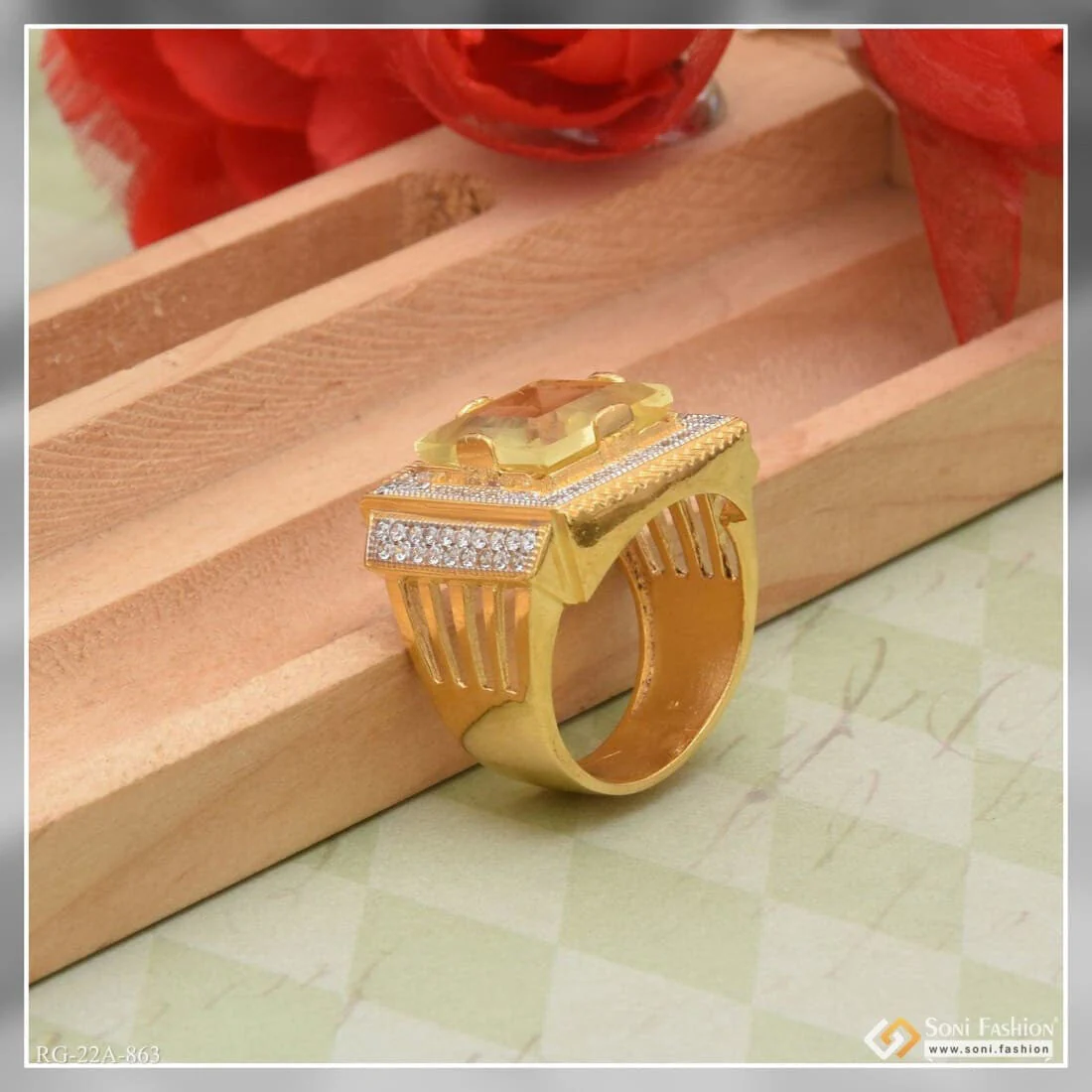 1 Gram Gold Plated Yellow Stone With Diamond Best Quality Ring For Men - Style A863 - Image 3