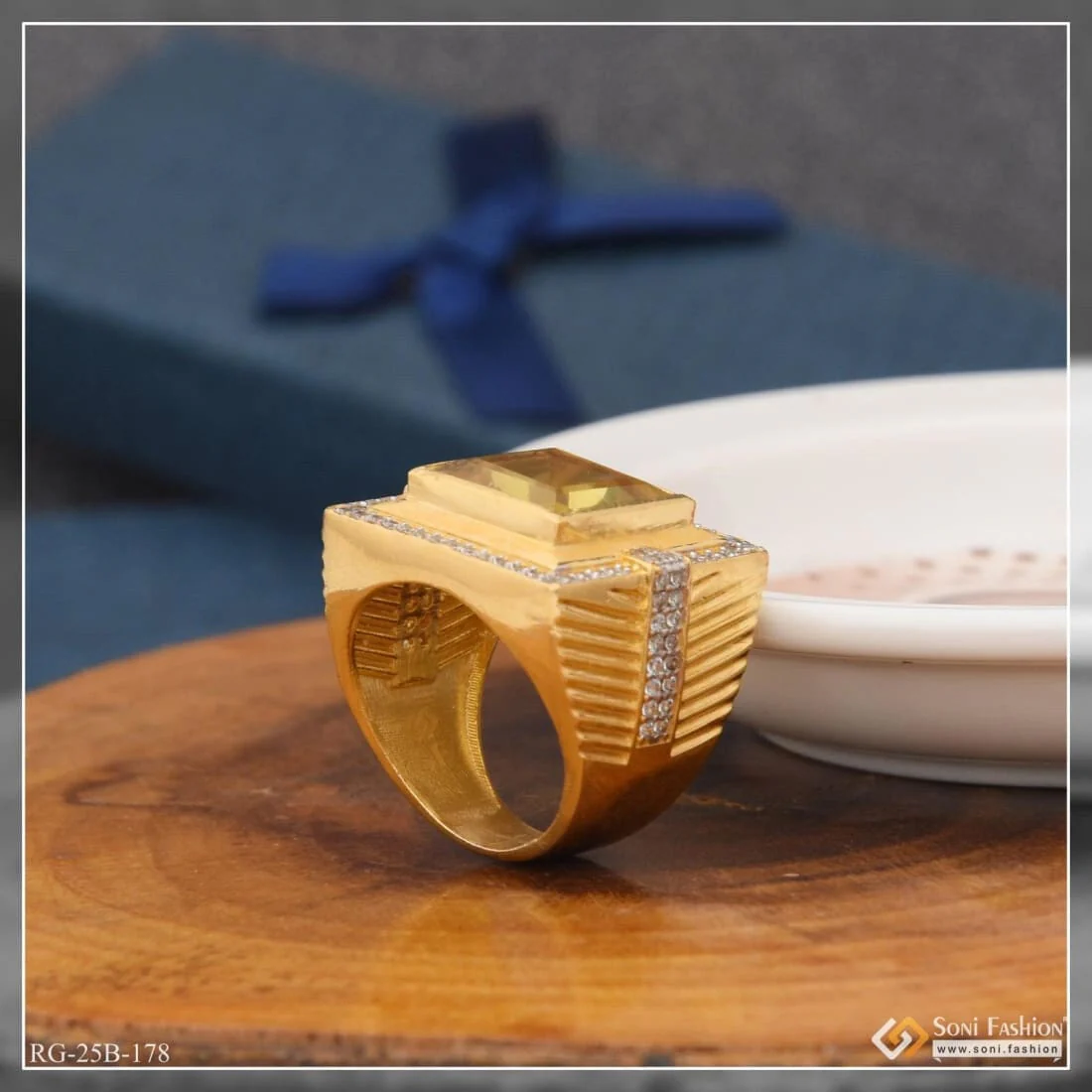 1 Gram Gold Plated Yellow Stone with Diamond Best Quality Ring for Men - Style B178 - Image 4
