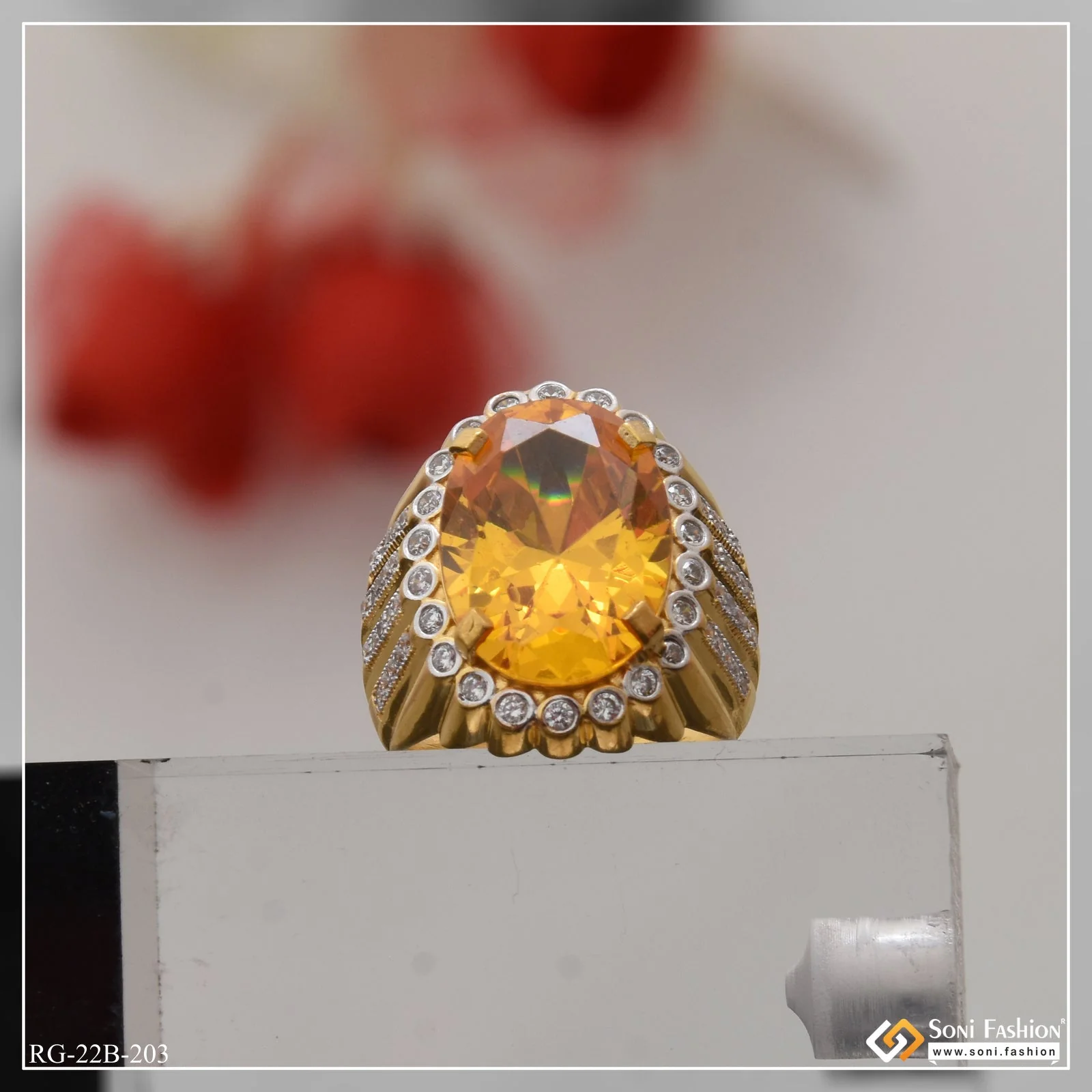 1 Gram Gold Plated Yellow Stone With Diamond Best Quality Ring For Men - Style B203 - Image 3