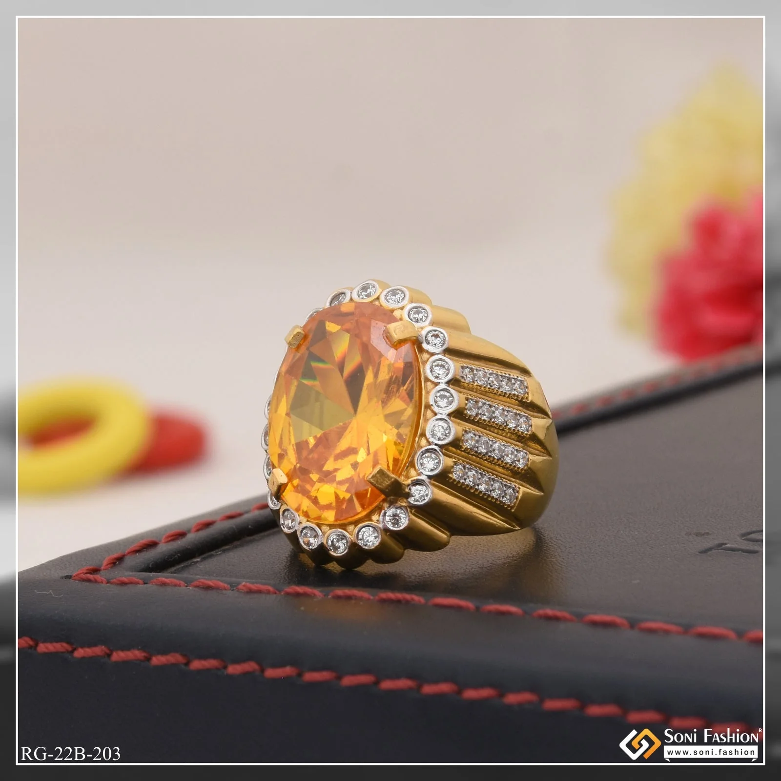 1 Gram Gold Plated Yellow Stone With Diamond Best Quality Ring For Men - Style B203 - Image 5